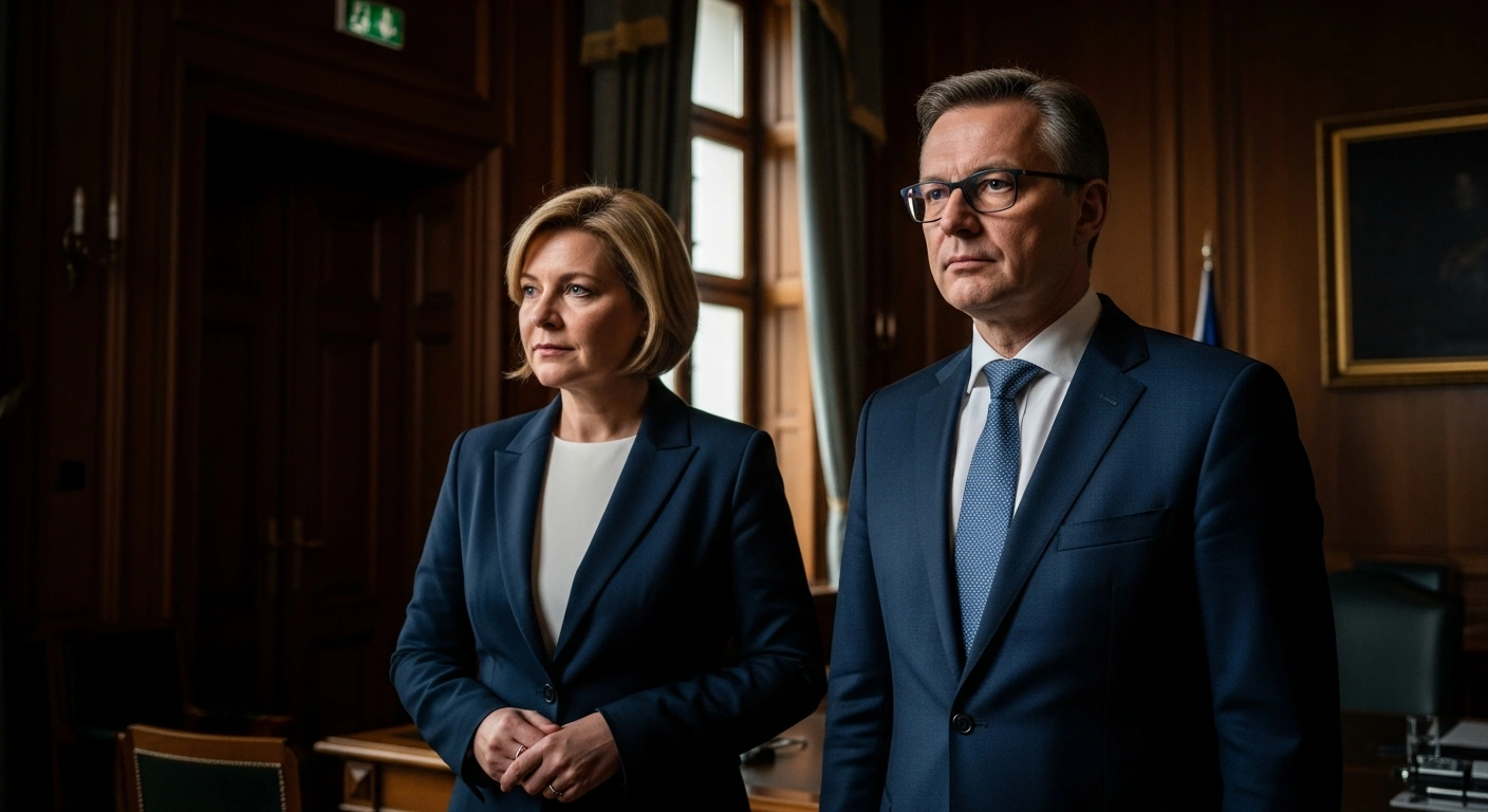 Jarosław Kaczyński and Viktor Orbán stand together in a formal office setting to signify their political alliance.