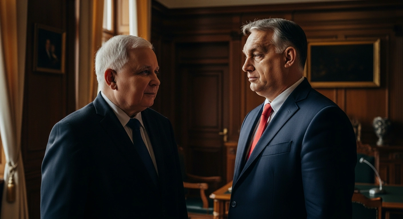 Jarosław Kaczyński and Viktor Orbán stand together in a formal office setting to demonstrate their political alliance.