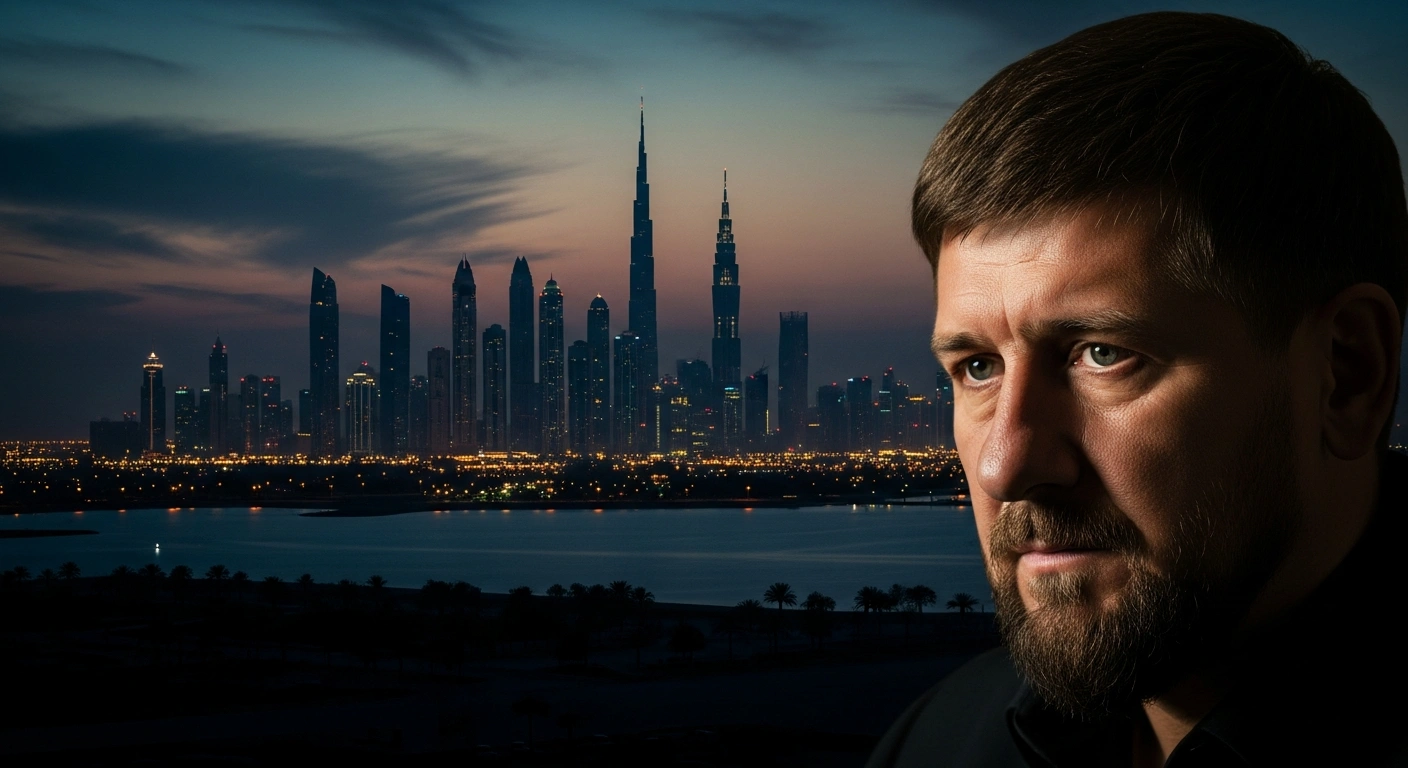 A stern portrait of Chechen leader Ramzan Kadyrov set against a blurred Gulf city skyline, representing his condemnation of Iranian strikes on civilian infrastructure in the United Arab Emirates.