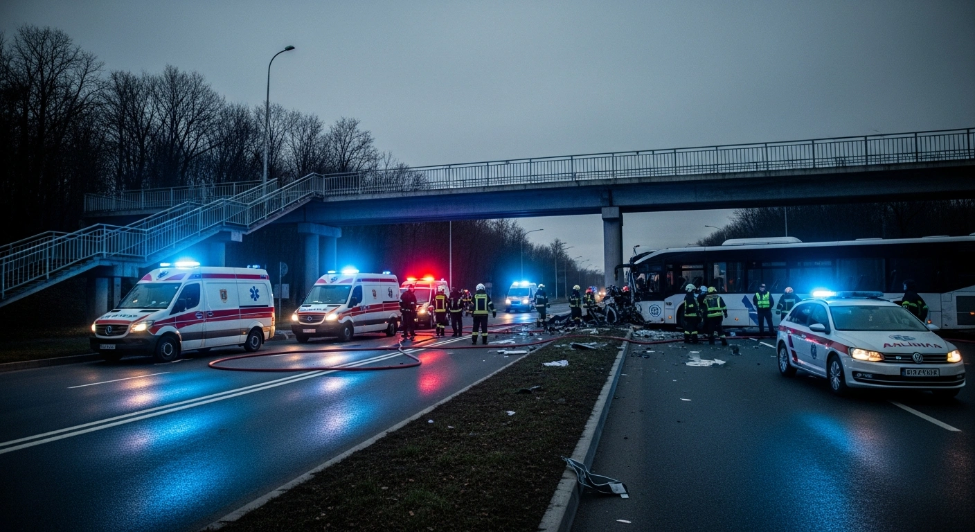 Emergency responders work at the scene of a fatal passenger bus collision with a pedestrian overpass in Kahramankazan, Turkey.