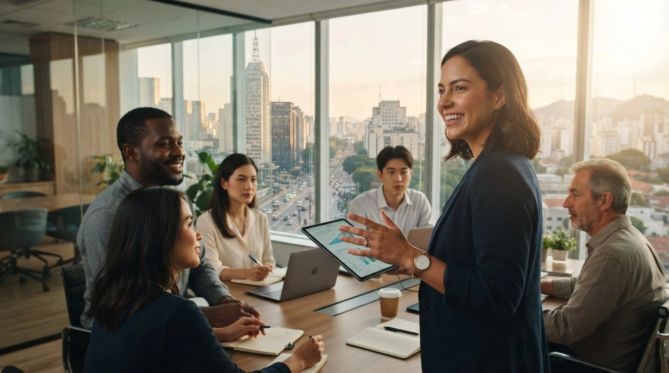 A diverse group of Kaizen Gaming employees works together in a modern office in Brazil to signify the company's commitment to job stability during the new betting market regulation.