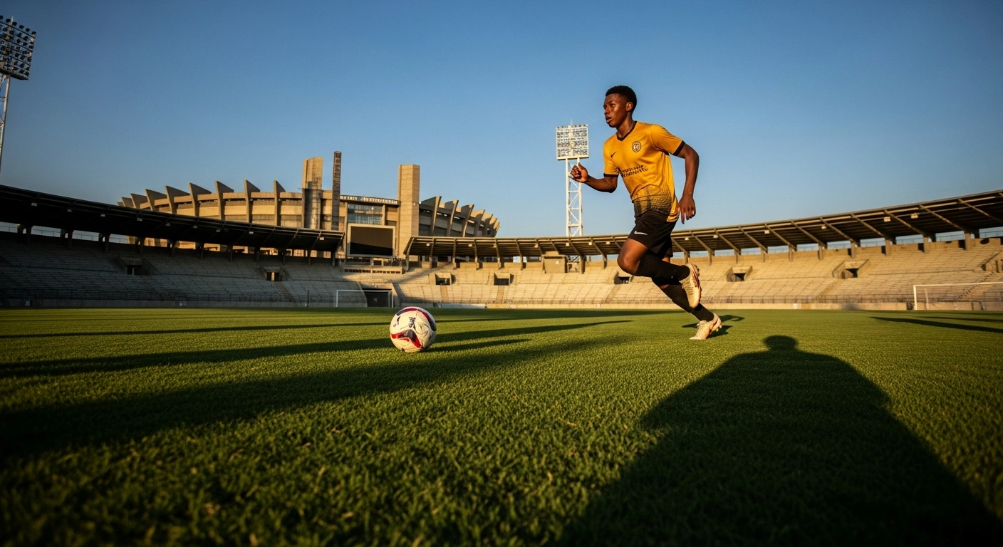 A young Kaizer Chiefs soccer player runs across the field during a DStv Diski Challenge match at the Old Peter Mokaba Stadium.