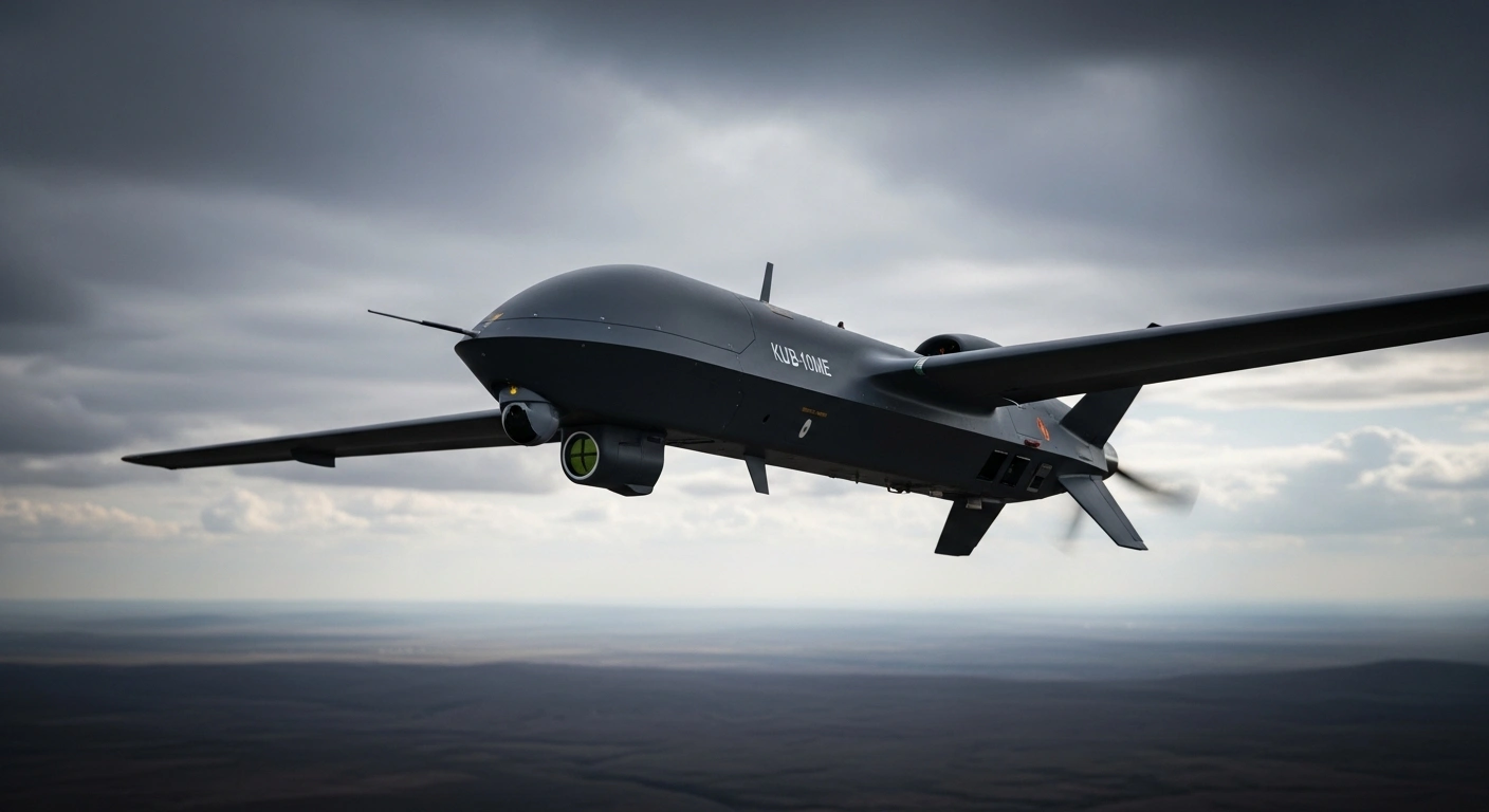 A sleek, dark Kub-10ME tactical loitering munition drone, developed by Russia's Kalashnikov Concern, flies low over a desolate landscape under an overcast sky, showcasing its electro-optical guidance system and hinting at its extended strike range for precision strikes against ground targets.
