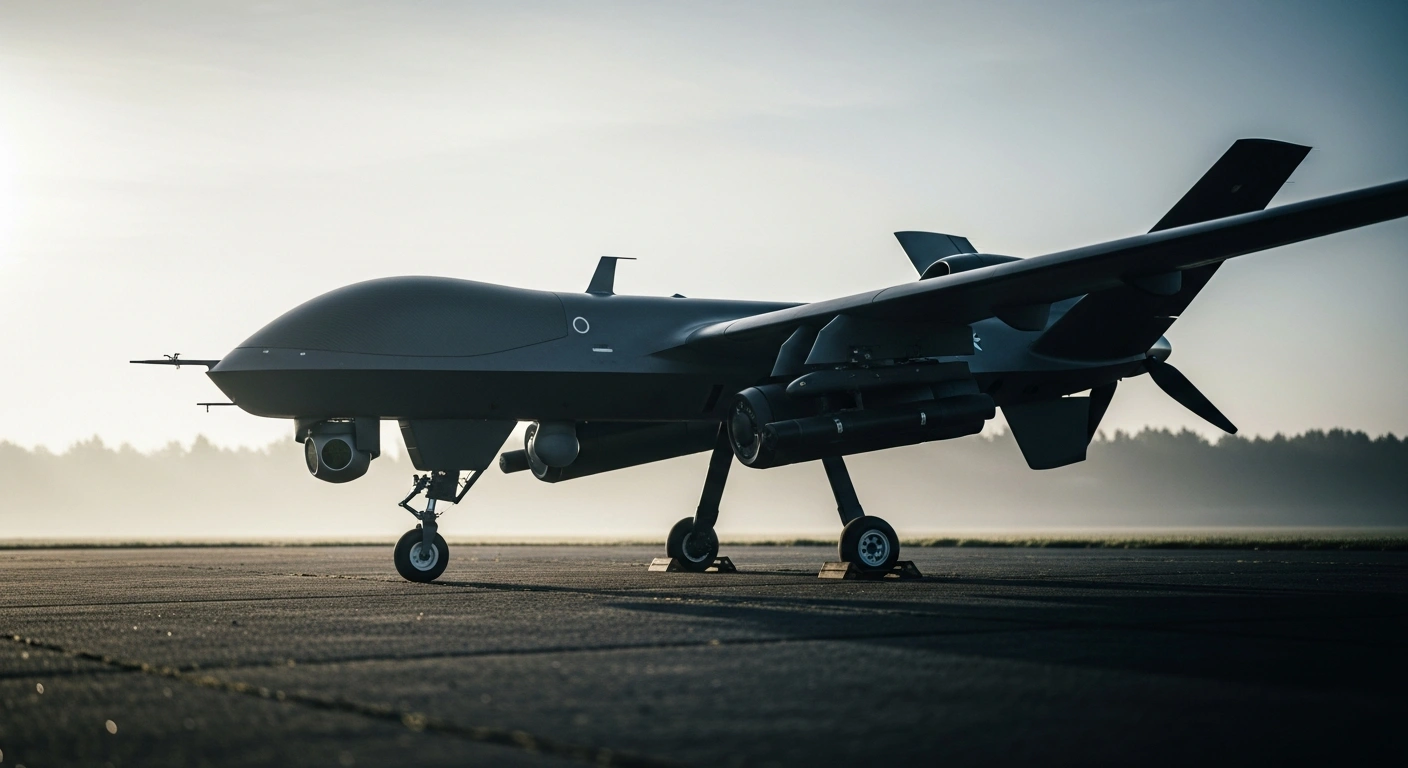 A sleek SKAT 220 tactical reconnaissance drone sits on an industrial tarmac during an operational deployment by the Kalashnikov Concern.