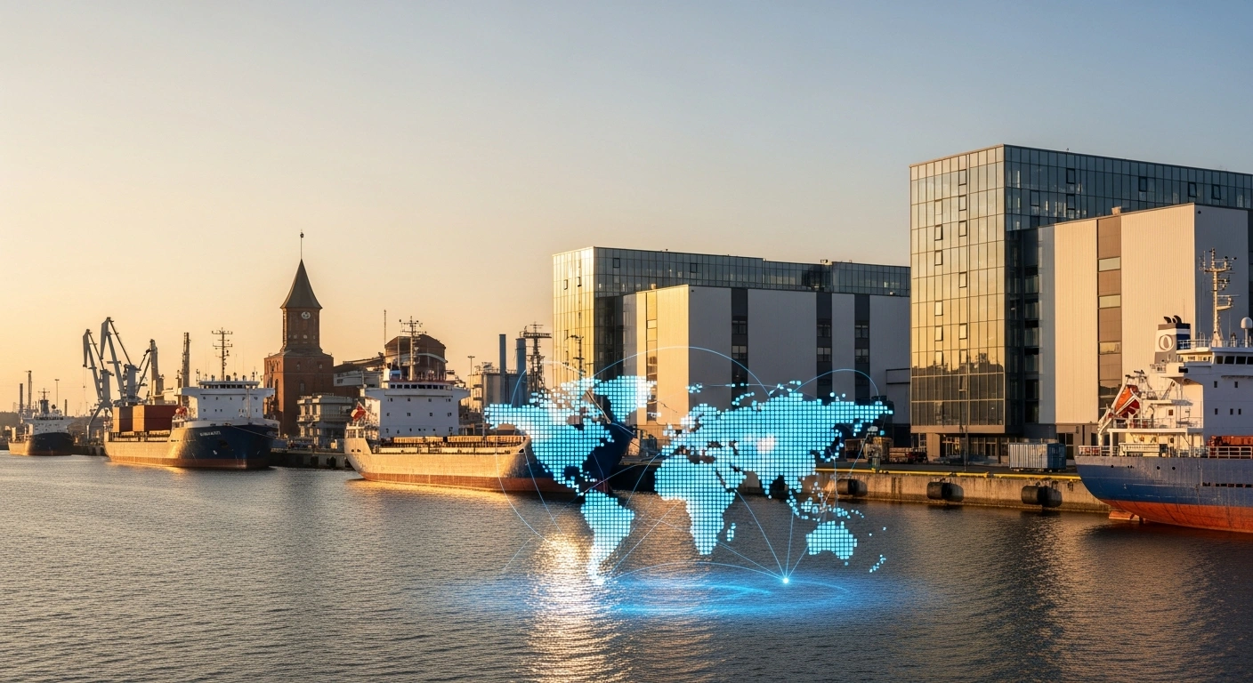 A modern industrial port in Kaliningrad symbolizes the strengthening of economic and industrial cooperation between Russia and China.