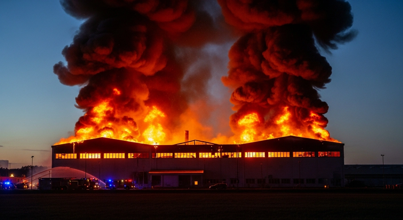 A massive industrial fire engulfs a factory building at night, with towering flames and thick black smoke, symbolizing the significant blaze at the former Volkswagen factory in Russia's Kaluga region, now operated by AGR Holding, which halted production of Tenet brand cars.