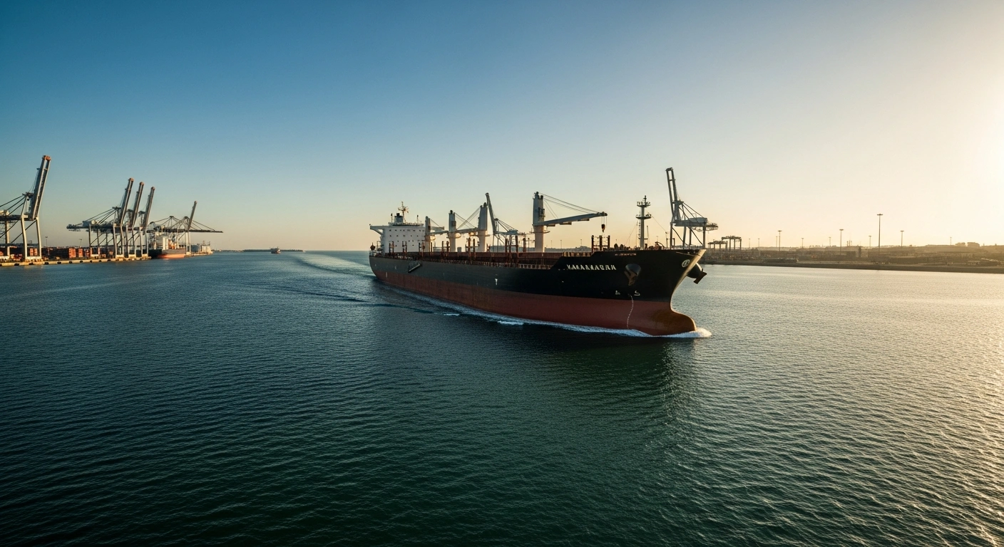 A massive deep-draft cargo ship sails into Kamarajar Port in India following the completion of a critical dredging project.