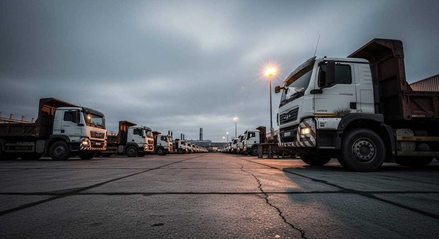 A row of idle KamAZ heavy-duty trucks sits in a quiet industrial yard during a period of declining sales for the Russian manufacturer.