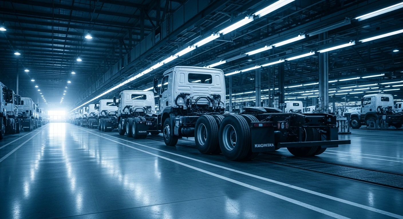 A quiet KamAZ truck assembly plant with idle production lines reflecting a transition to a reduced four-day workweek.
