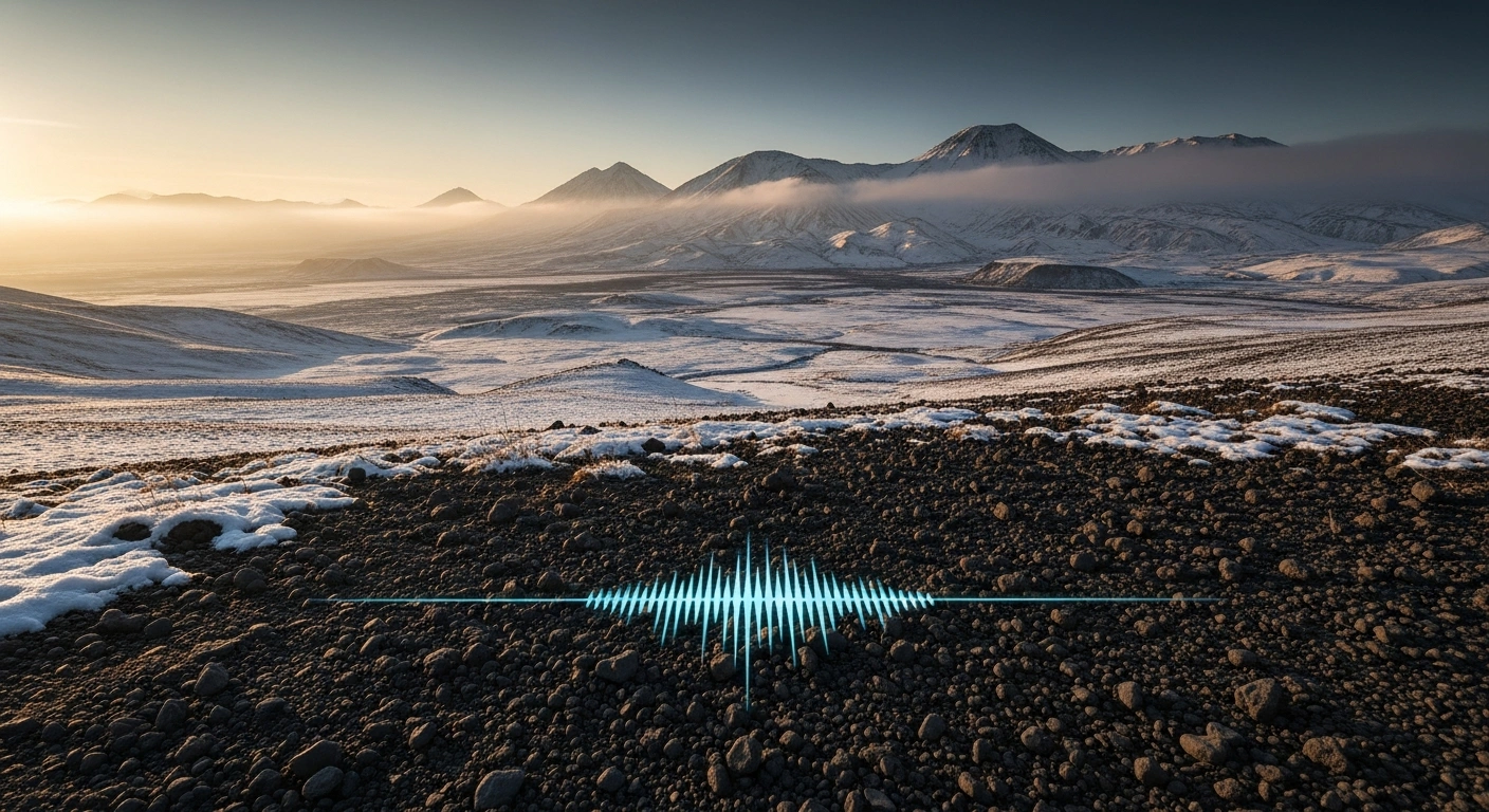 A seismograph records seismic activity in the rugged volcanic landscape of the Kamchatka region near Ozernovskiy following a magnitude 4.6 earthquake.