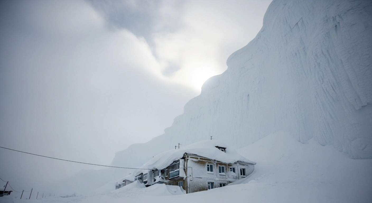 A low-angle, wide shot captures a towering, twelve-meter high snow drift engulfing a residential building on Russia's Kamchatka Peninsula, illustrating the severe snowstorm that has caused snow depths exceeding two meters and paralyzed daily life after a state of emergency was declared.