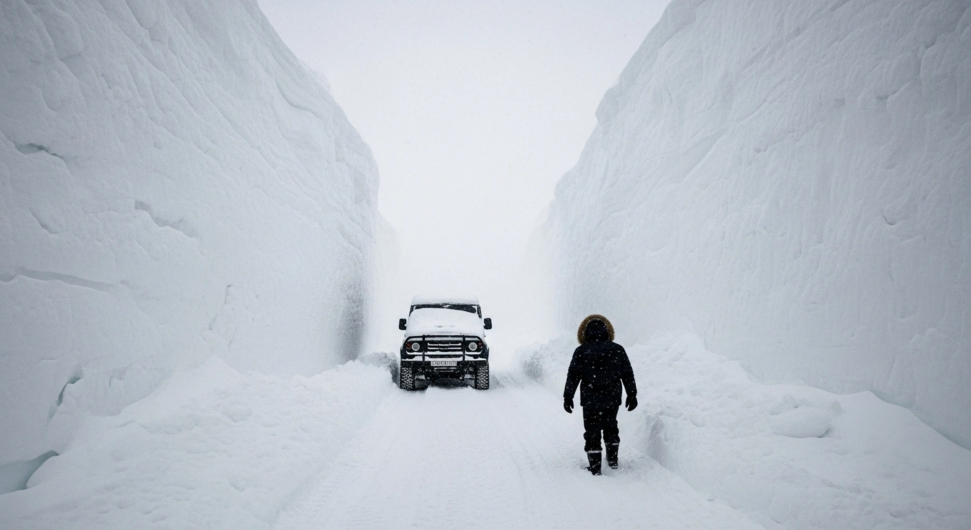 A street in Petropavlovsk-Kamchatsky, Russia, is overwhelmed by unprecedented snowfall, with towering drifts up to 16 feet high almost burying a utility vehicle, as a lone figure struggles through the deep snow, illustrating the paralyzed essential services and state of emergency on the Kamchatka Peninsula.