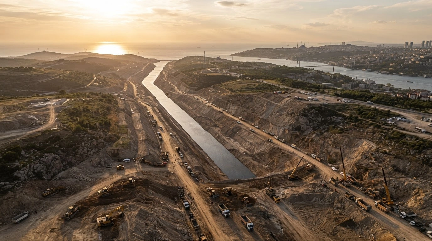 An aerial view shows the massive construction site of the Kanal Istanbul project as it prepares to connect the Black Sea and the Sea of Marmara.