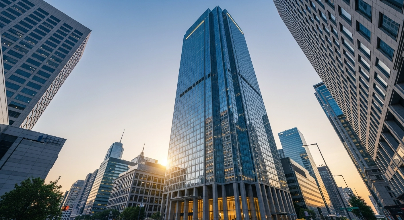 A sleek, modern skyscraper at dusk, representing Kanishk Aluminium India Limited's Initial Public Offering (IPO) that opened for subscription to raise ₹29.20 Crores with shares priced at ₹73 each, ahead of its listing on the BSE SME platform.
