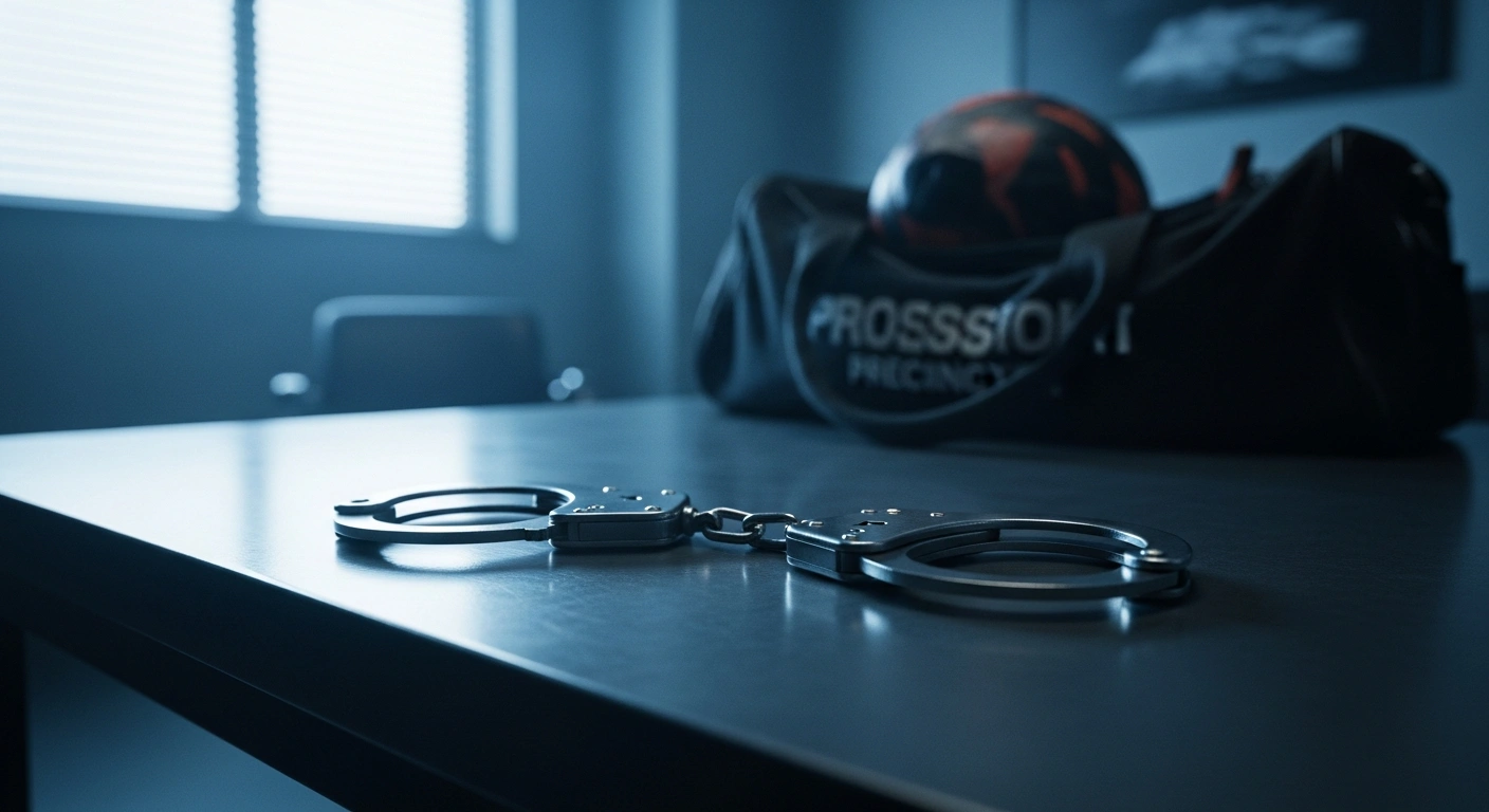 Police handcuffs rest on a table next to recovered sports equipment following the arrest of two individuals in Kansas City for the theft of England national football team gear.