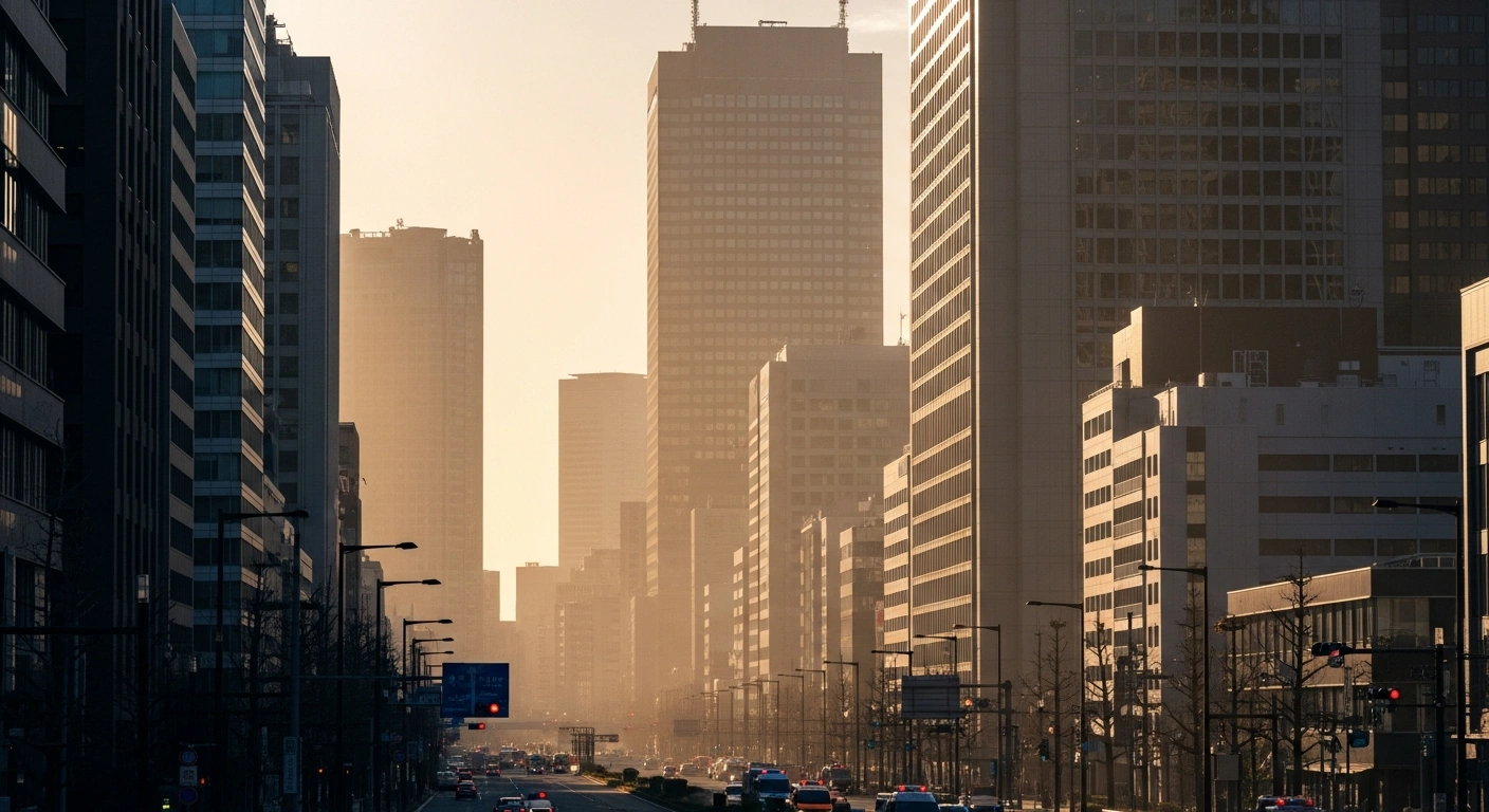 A modern cityscape in Japan's Kanto region stands firm under a twilight sky following a magnitude 5.5 earthquake.