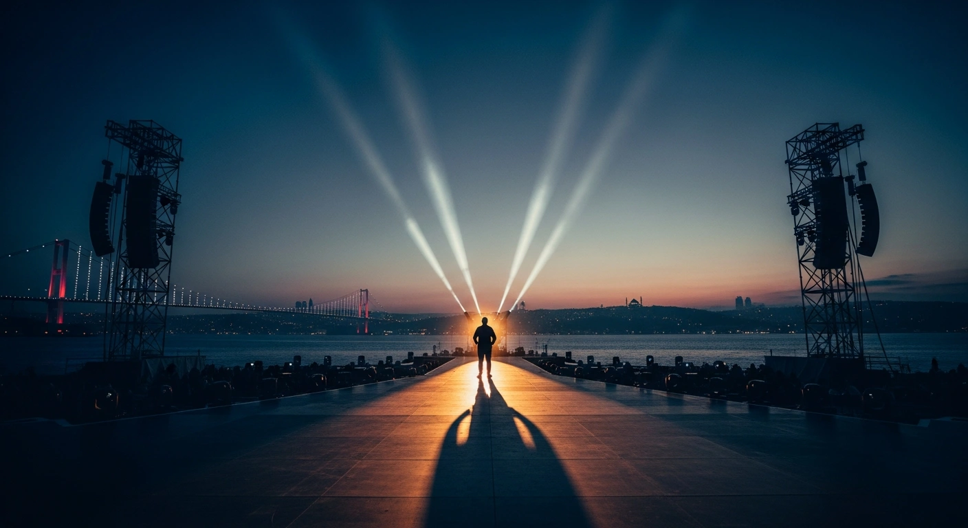 A silhouette of Kanye West stands on a large concert stage in Istanbul with the illuminated city skyline in the background.