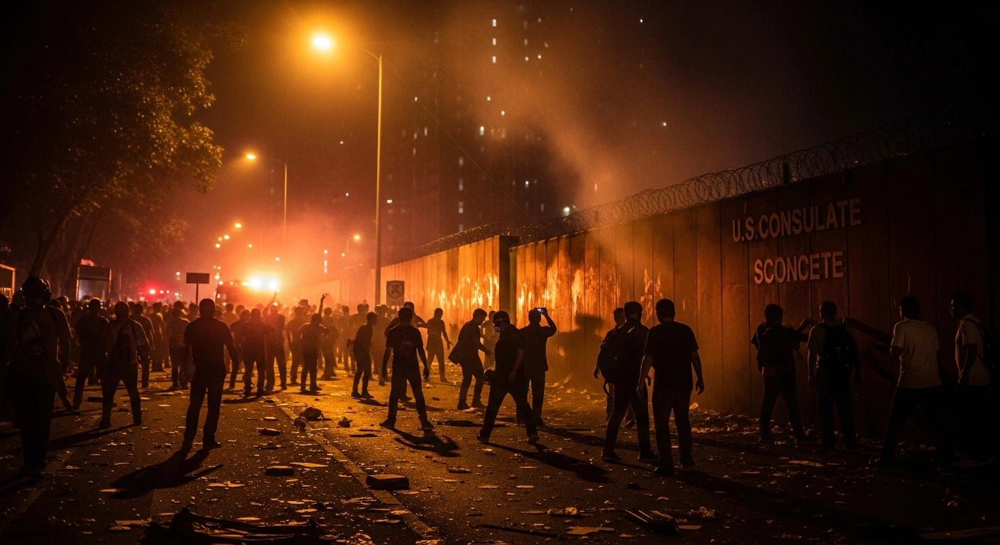 A chaotic night scene outside the U.S. Consulate in Karachi, Pakistan, shows thick smoke, flashing emergency lights, and the orange glow of fires, depicting the violent protests that followed the assassination of Iranian Supreme Leader Ayatollah Ali Khamenei.