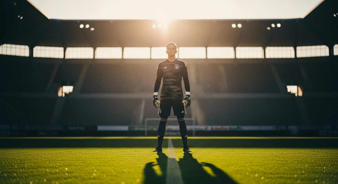 Estonian goalkeeper Karl Hein stands on a professional football pitch after signing a permanent contract with SV Werder Bremen.