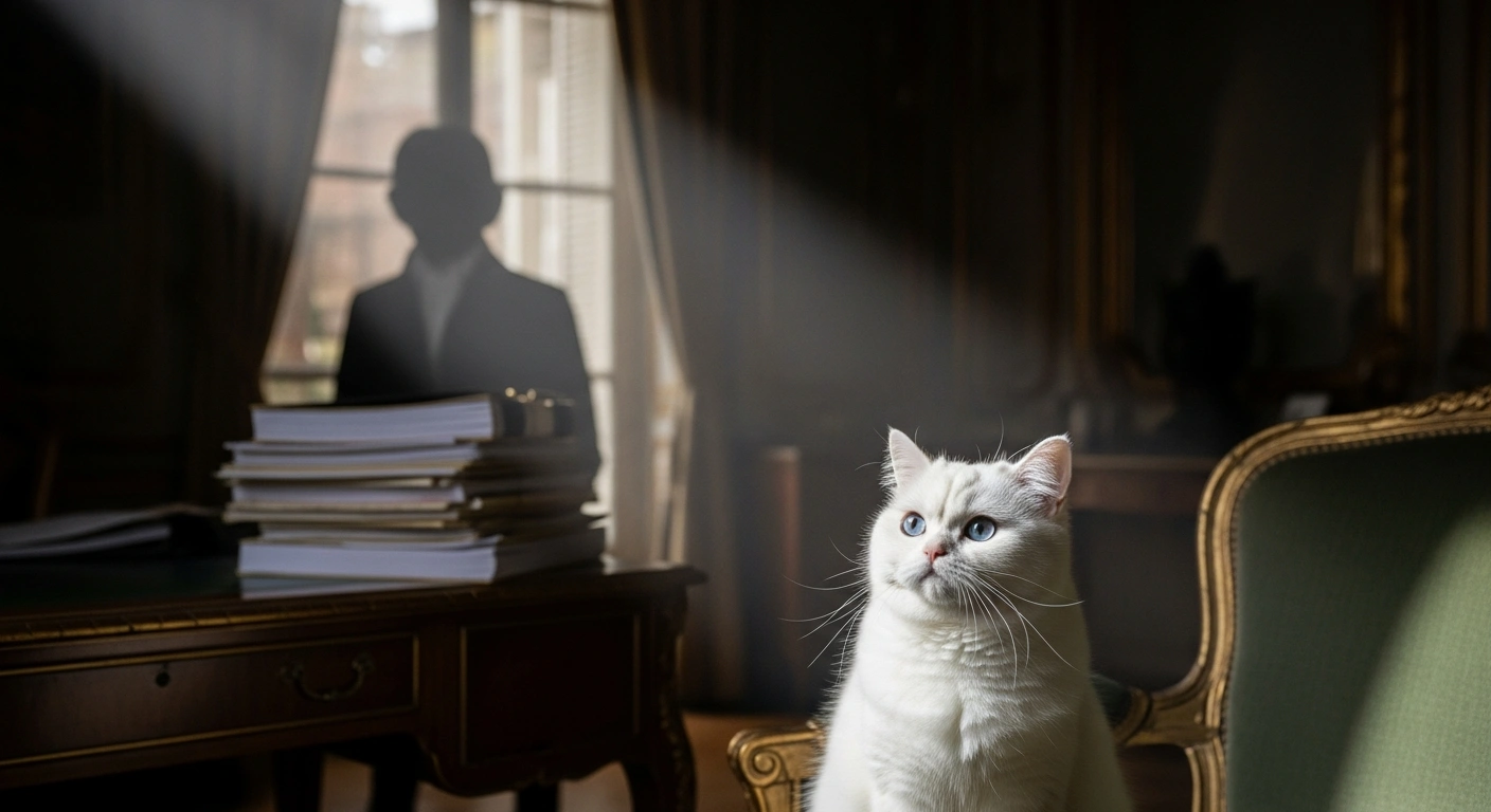 A pristine white Persian cat, Choupette, sits regally on a velvet chaise lounge in a grand, shadowed Parisian apartment, illuminated by a dramatic shaft of light, with stacks of legal documents hinting at Karl Lagerfeld's contested €200 million will in the background.