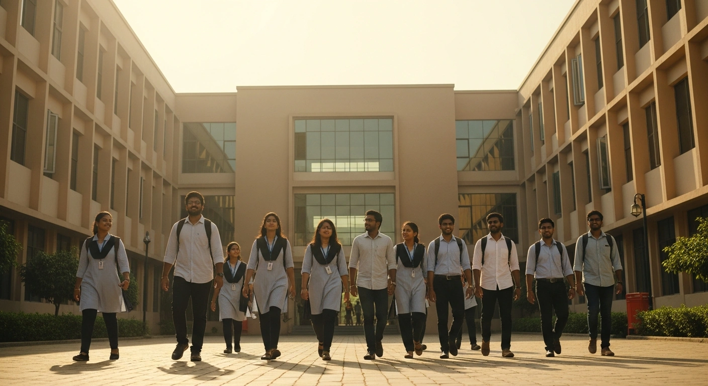 Students walk through a college courtyard in Karnataka after the government revoked the ban on religious attire in educational institutions.