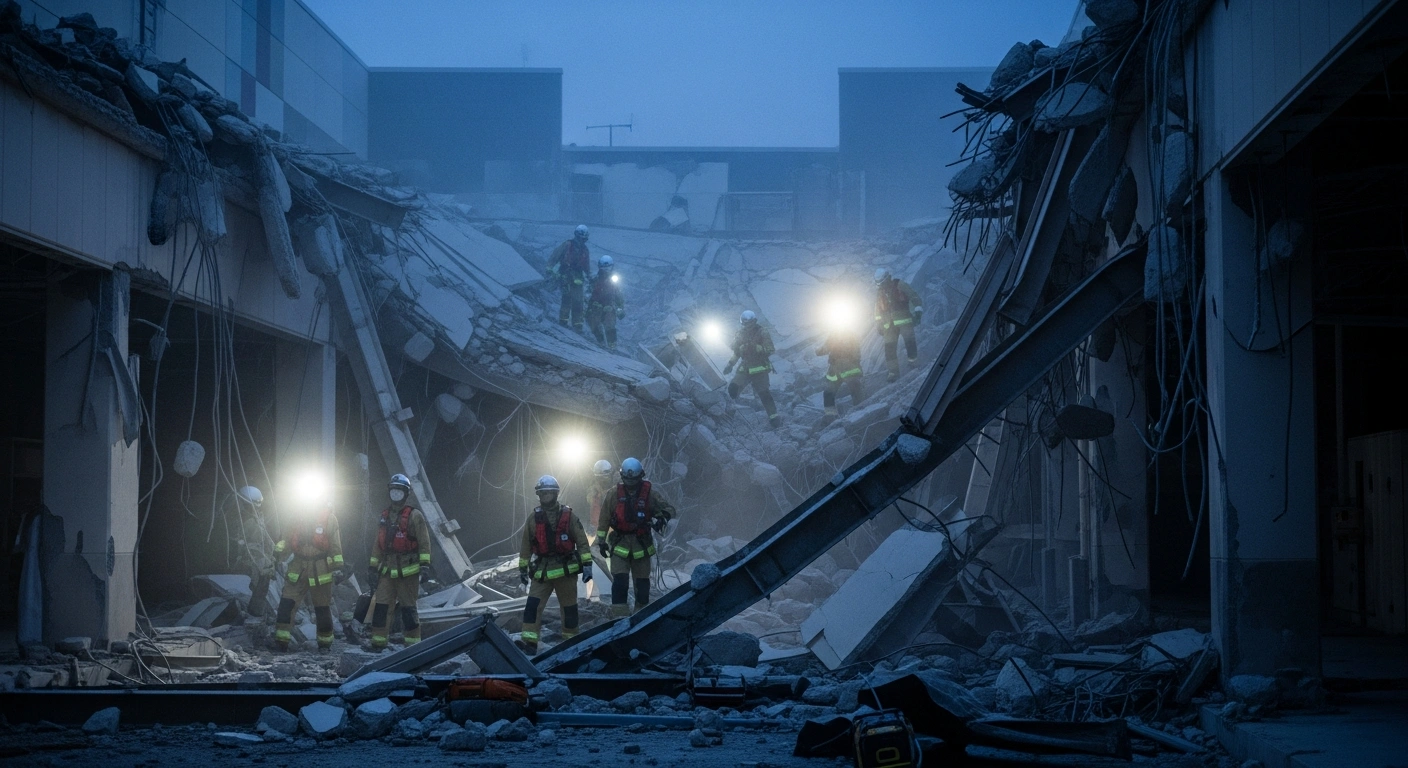 Emergency rescue crews search for trapped individuals in the debris of a collapsed shopping mall in Kashima, Japan, following a major earthquake.