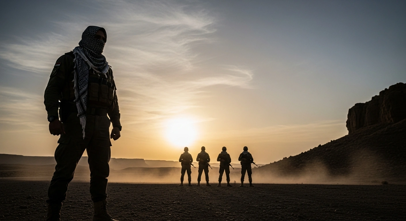 A cloaked militia leader stands silhouetted against a dusty sunset, addressing armed fighters in a rugged landscape, symbolizing Kataib Hezbollah's warning to Iraqi Kurdistan against supporting US or Israeli military action against Iran and their preparation for a war of attrition amidst escalating regional tensions.