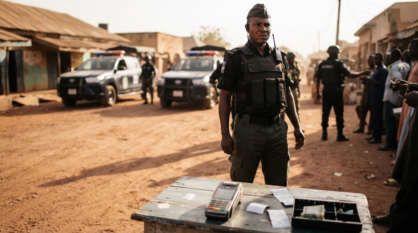 A Nigerian security officer stands near a portable payment terminal during an operation to arrest a suspect linked to bandit funding in Katsina State.
