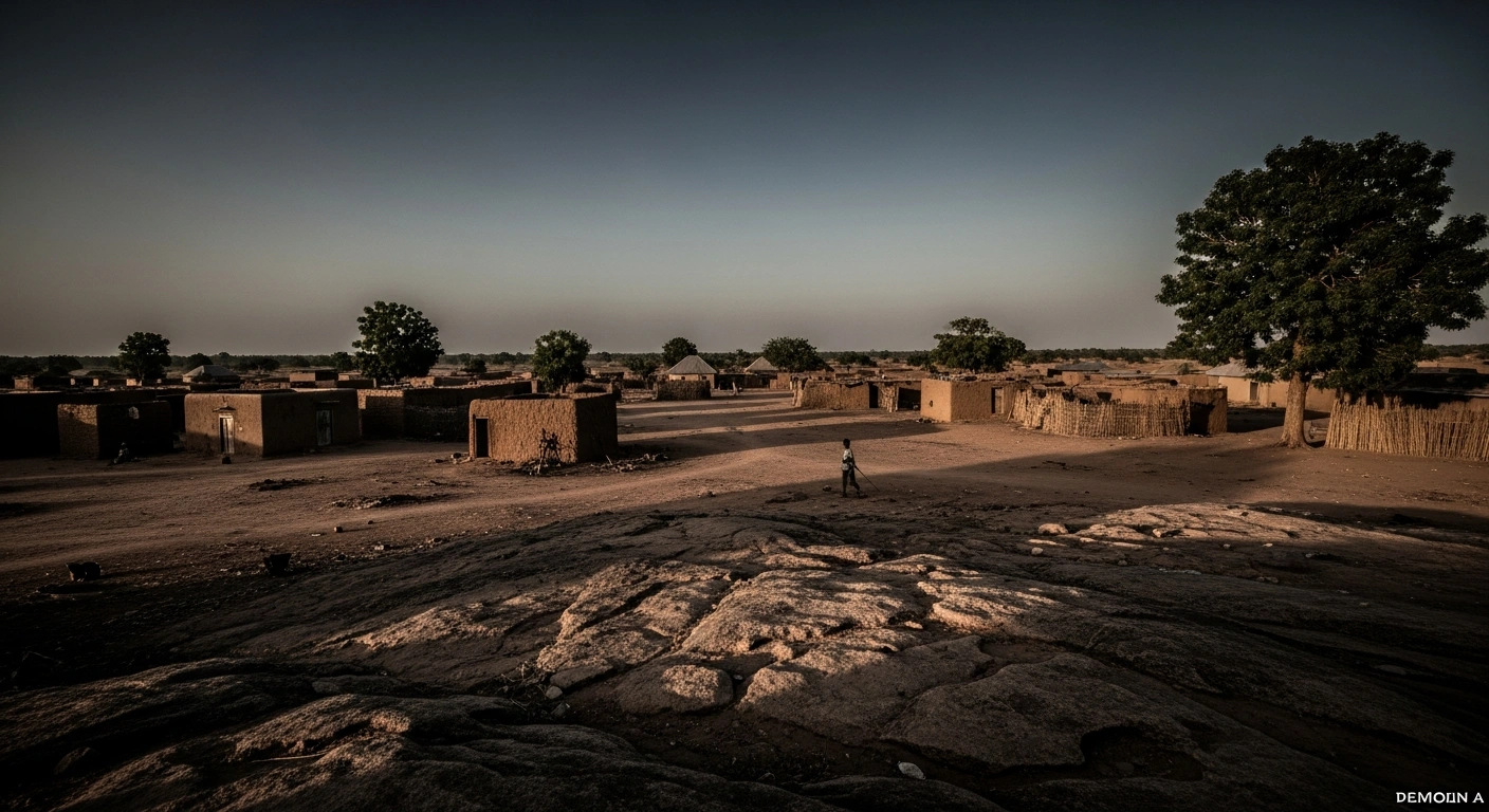 A somber view of a rural village in Katsina State, Nigeria, following a deadly attack by armed groups in the Jibia Local Government Area.