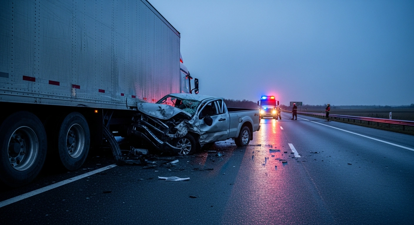 Emergency responders work at the scene of a fatal collision between a pick-up truck and a trailer truck on the Prayagraj-Kanpur highway in Kaushambi.