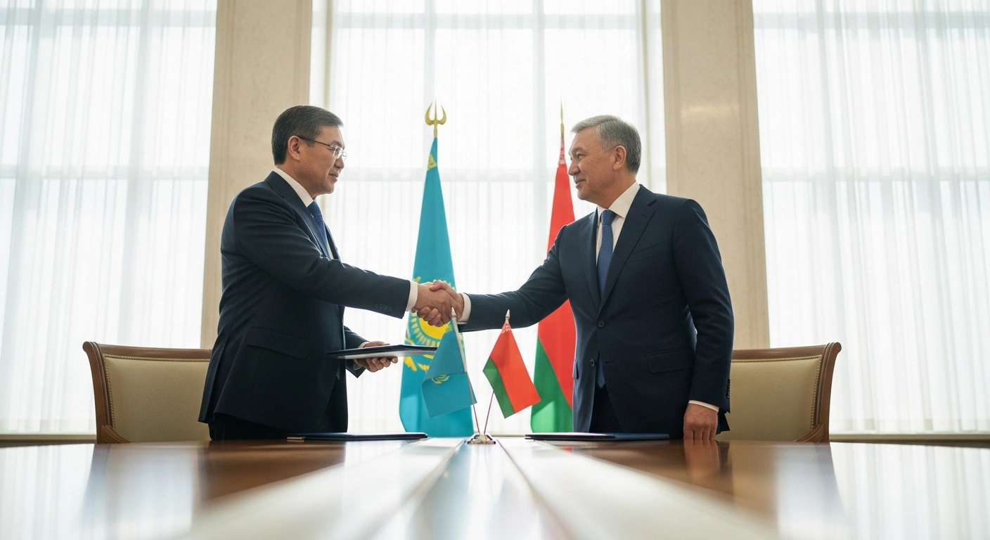 Kazakh Foreign Minister Yermek Kosherbayev and Belarusian Ambassador Alexey Bogdanov are depicted shaking hands in a formal setting, symbolizing their reaffirmed political and economic partnership and bilateral cooperation.