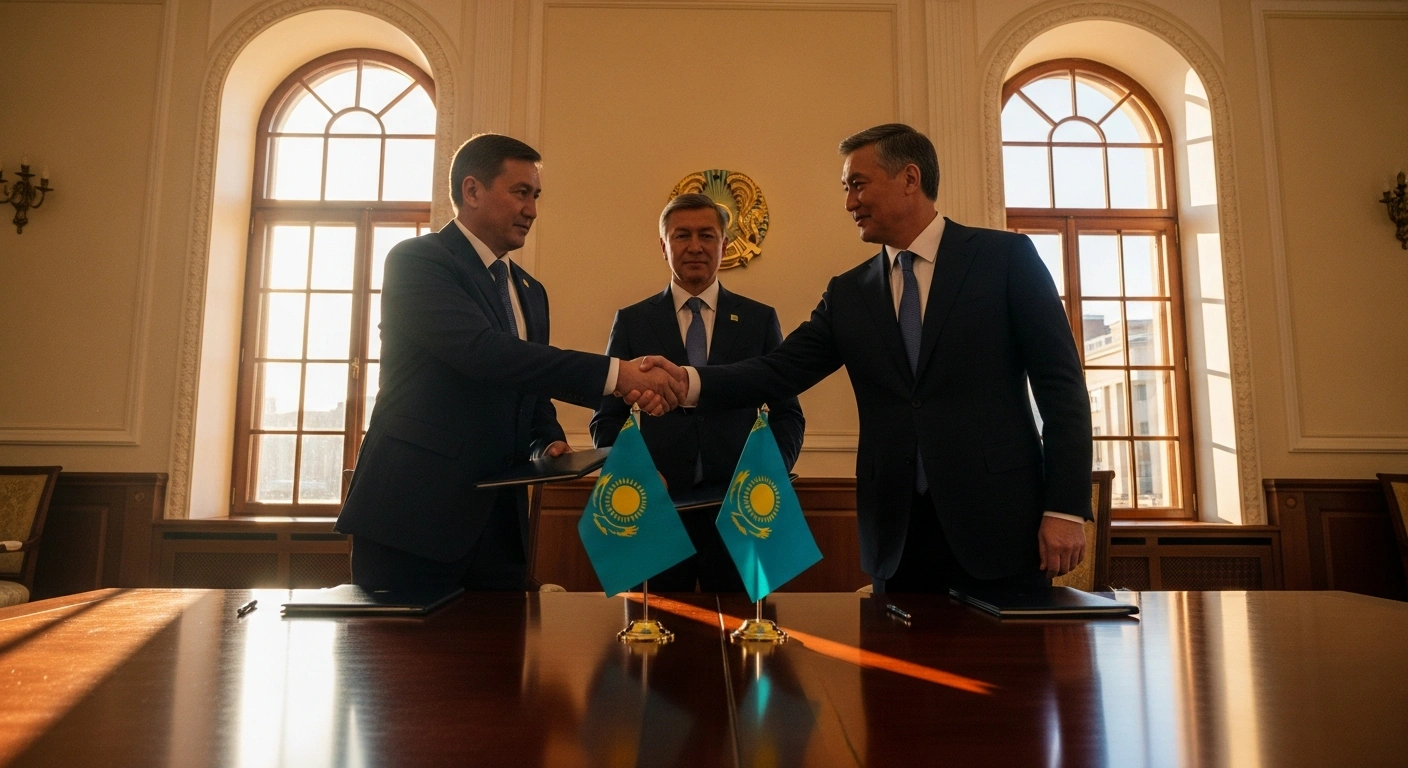 Three distinguished figures in tailored suits are captured in a wide-angle shot, shaking hands firmly at a polished mahogany table within a stately, sunlit room, symbolizing Kazakhstan's anticipated entry into the Abraham Accords, a US-brokered diplomatic initiative announced by President Donald Trump to expand global reach and foster regional stability.