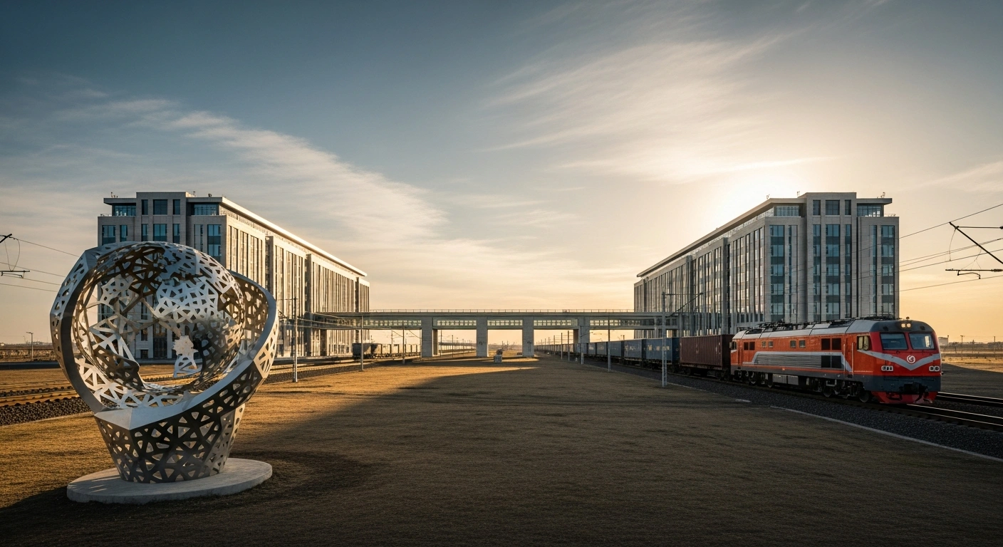A modern freight train travels through a vast landscape representing the growing trade and economic partnership between Kazakhstan and Belarus.