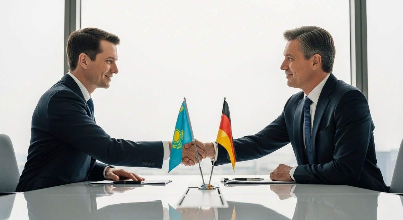 Kazakhstan's Foreign Minister and Germany's Ambassador shake hands across a conference table, symbolizing political consultations aimed at expanding trade, investment, and cultural cooperation.