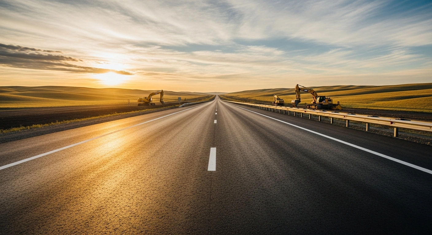 A newly modernized section of the highway connecting Aktobe and Ulgaisyn in Kazakhstan stretches across the open landscape as part of a major infrastructure project.