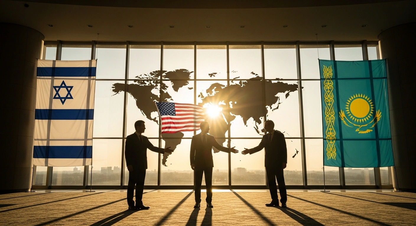 A wide, sun-drenched cinematic shot depicts three silhouetted figures in a grand diplomatic hall, with a central figure representing the United States extending a hand towards two others symbolizing Israel and Kazakhstan, poised to join the Abraham Accords.
