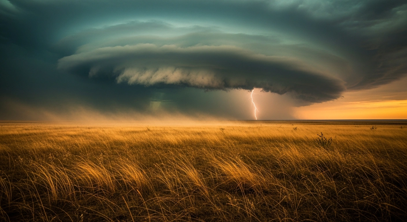 A dramatic landscape in Kazakhstan shows dark storm clouds and lightning over a dry steppe during a period of extreme heat and high winds.