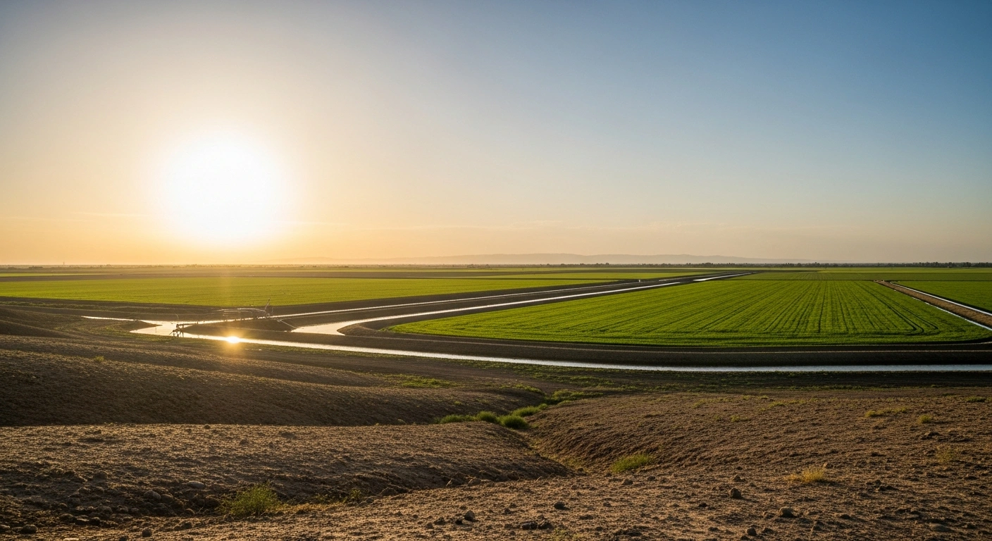 A wide-angle view at golden hour shows a modern irrigation system transforming an arid Central Asian landscape into lush green agricultural fields, symbolizing the joint study by Kazakhstan and Uzbekistan, backed by the French Development Agency, to update irrigation practices and optimize water use in the Syr Darya River basin for improved environmental outcomes.