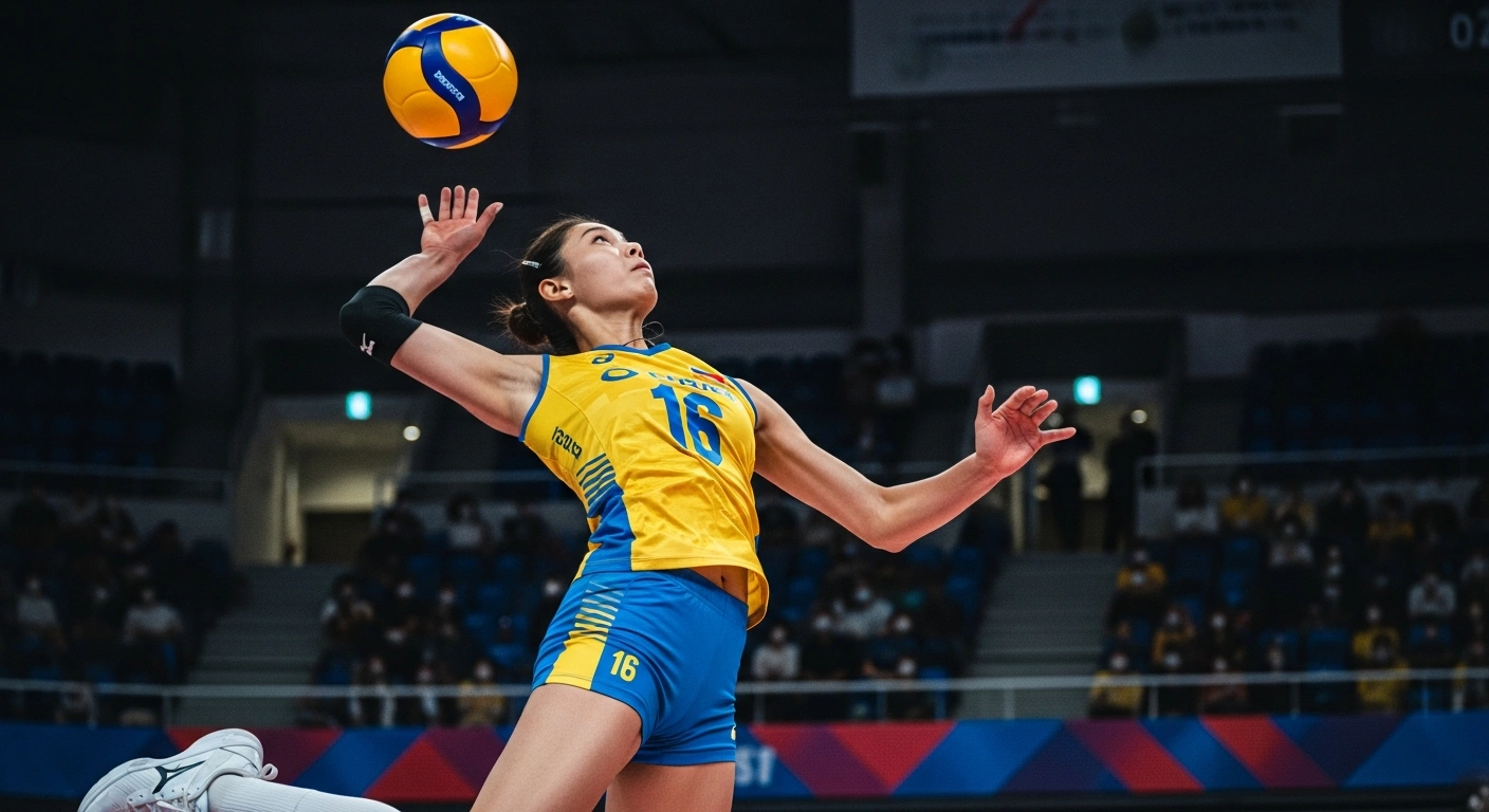 A Kazakhstan women's volleyball player spikes the ball during a match against Indonesia at the AVC Women's Challenge Cup.