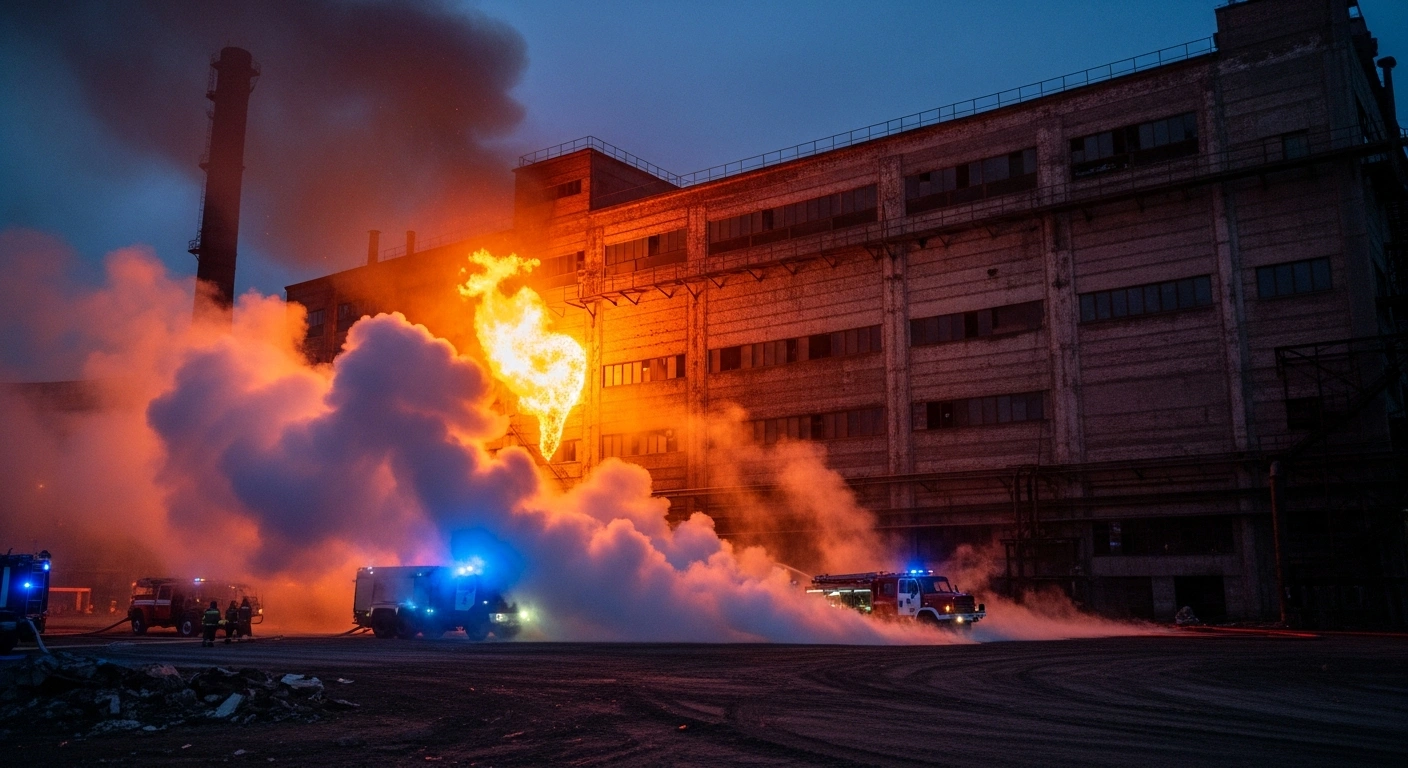 Emergency responders work at the scene of a large fire at the historic Kazan Gunpowder Plant in Russia.