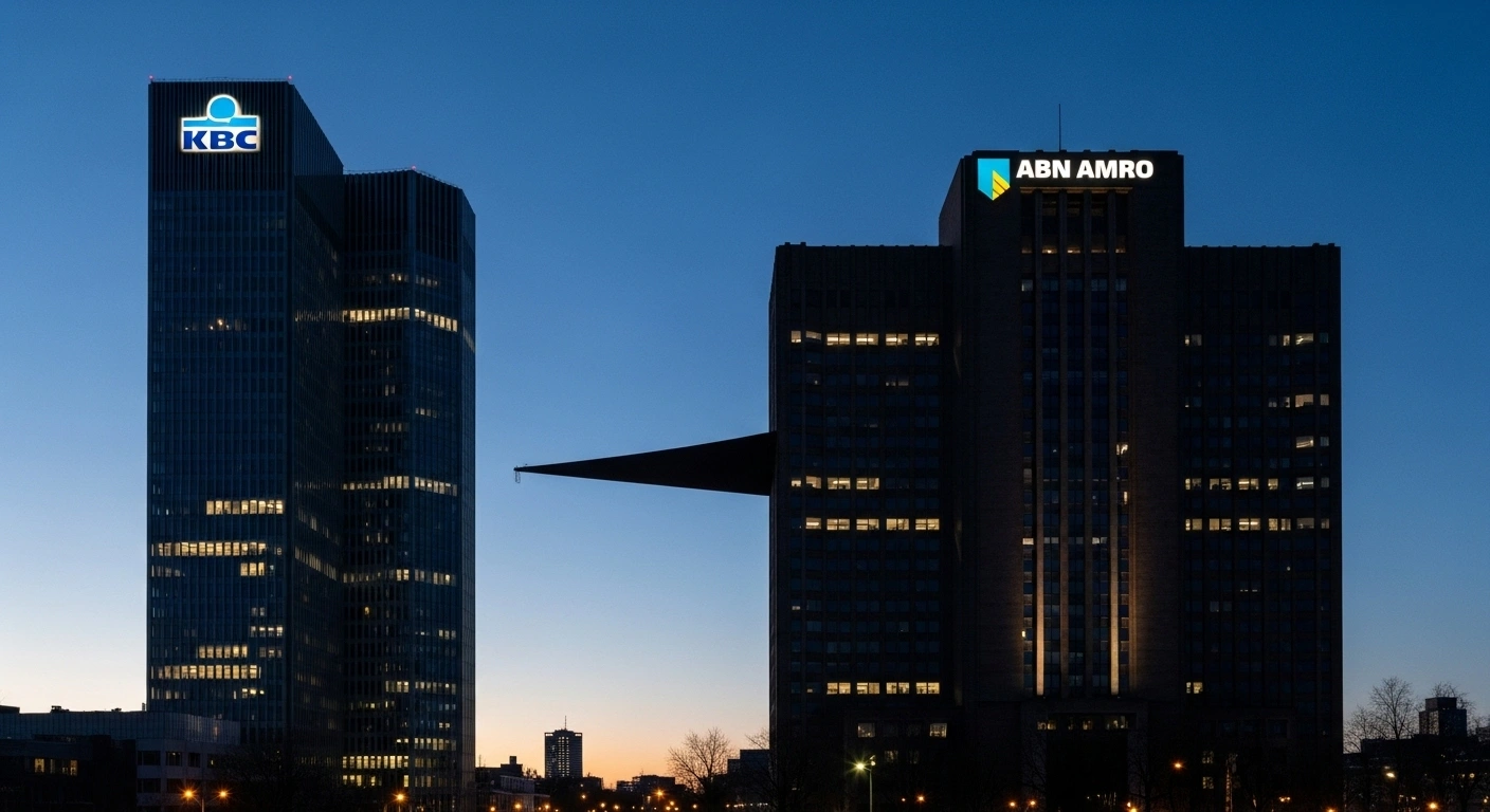Two distinct European bank buildings, one representing Belgian lender KBC and the other Dutch bank ABN Amro, stand against a twilight skyline, with KBC's building casting a long shadow towards ABN Amro's, symbolizing a potential takeover and reshaping of the European banking landscape.