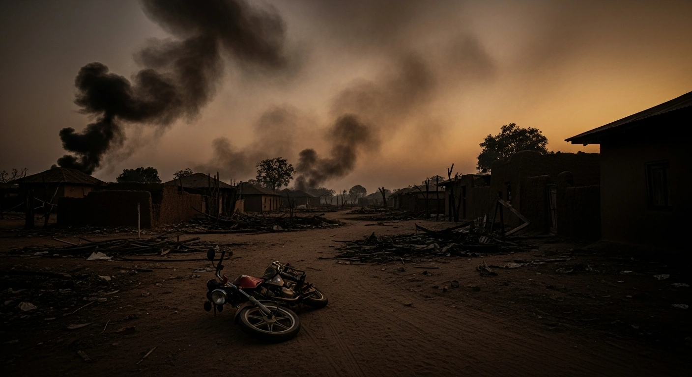 The aftermath of a violent terrorist attack in Tsamiya town, Kebbi State, showing destroyed buildings and smoke rising into the sky.