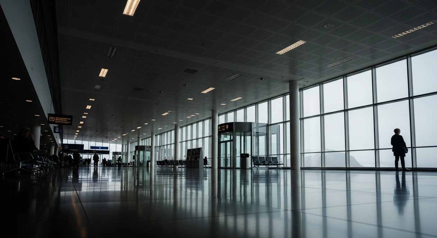 A wide, cinematic shot inside the main terminal of Keflavík International Airport depicts a subdued atmosphere with a sparse scattering of travelers and a lone figure looking out, symbolizing the slight decline in international arrivals and concerns among tourism leaders for Iceland's tourism marketing.