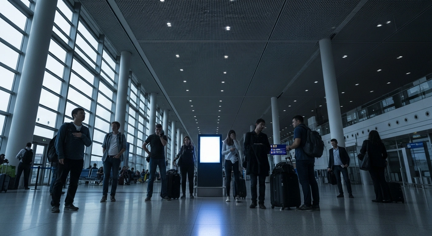 A wide, low-angle shot captures weary passengers gathered in a modern international airport terminal, their faces reflecting disappointment due to travel disruptions and cancelled flights to destinations like Oslo and Amsterdam, affecting numerous travelers.