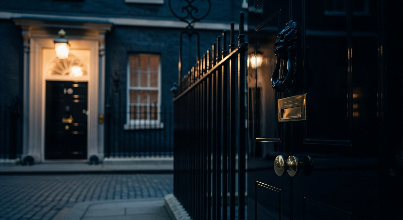 The iconic black door of 10 Downing Street stands closed as UK Prime Minister Keir Starmer resigns, signaling a leadership transition for the Labour Party.