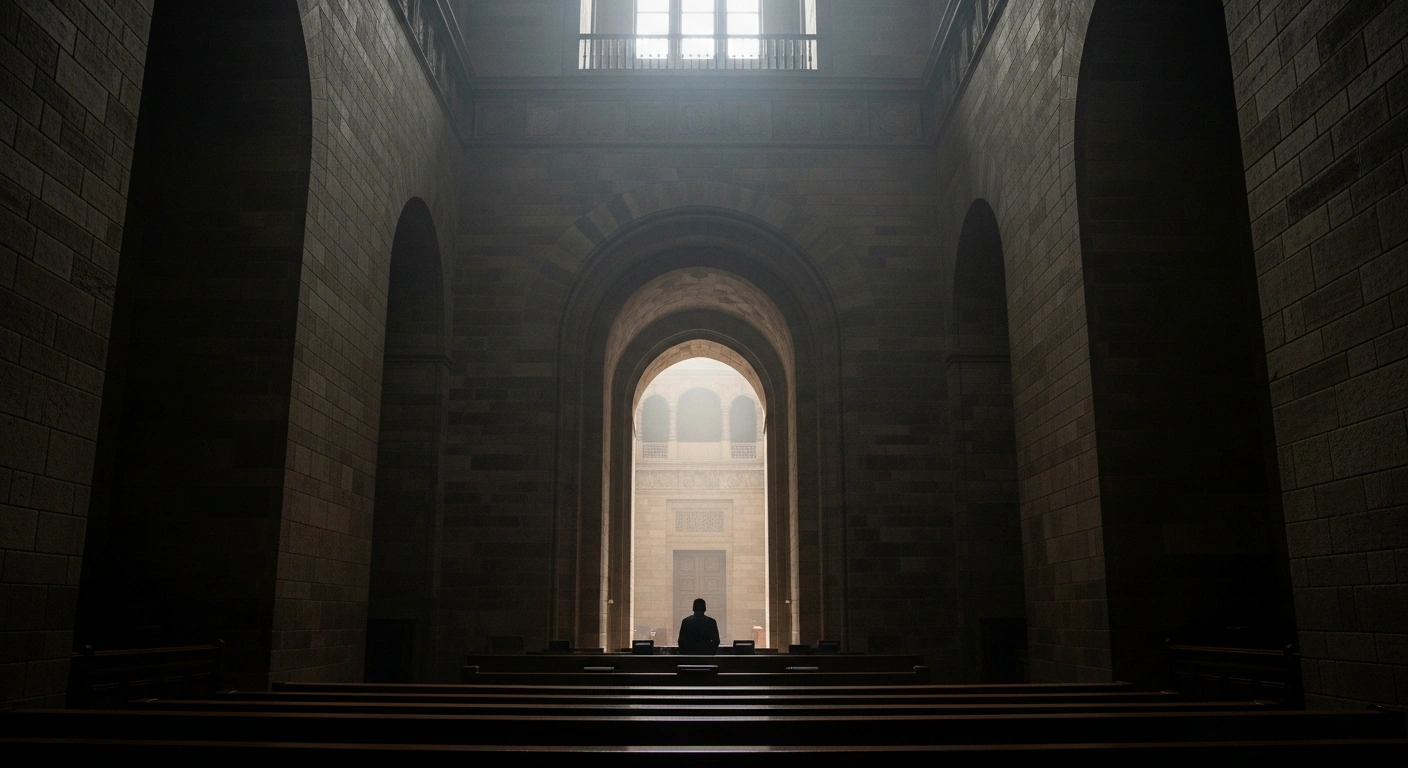 A solitary figure, representing former Delhi Chief Minister Arvind Kejriwal, stands silhouetted against the imposing stone archway of a dimly lit, renovated historical chamber, symbolizing the 'Phansi Ghar' case before the Delhi Legislative Assembly's Privileges Committee.
