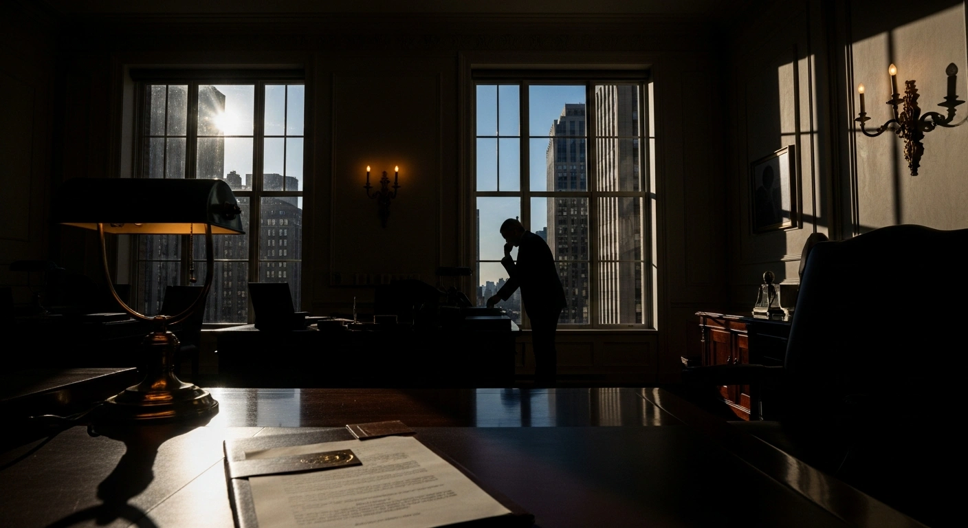 A somber, dimly lit office scene shows a silhouetted figure, representing President Donald Trump's Special Envoy for Ukraine, Keith Kellogg, standing by a window, with a sealed document on a desk, symbolizing his departure and the administration's new peace plan involving concessions for Ukraine.