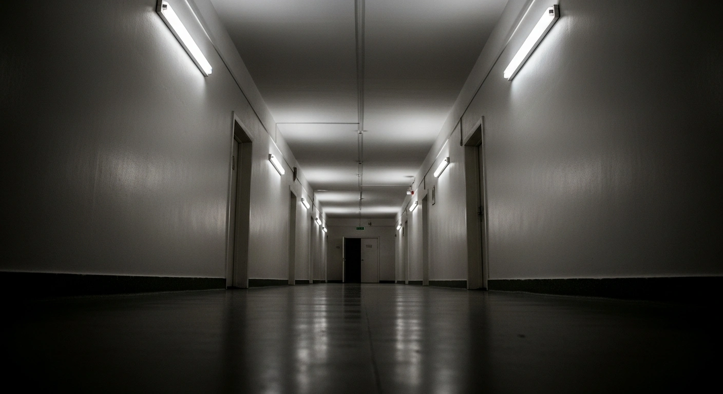 A long, sterile corridor within a mental health facility, illuminated by cold fluorescent lights, visually representing the site of a viral infection outbreak in Prokopyevsk, Kemerovo Region, Russia, which led to nine patient deaths and a subsequent investigation.