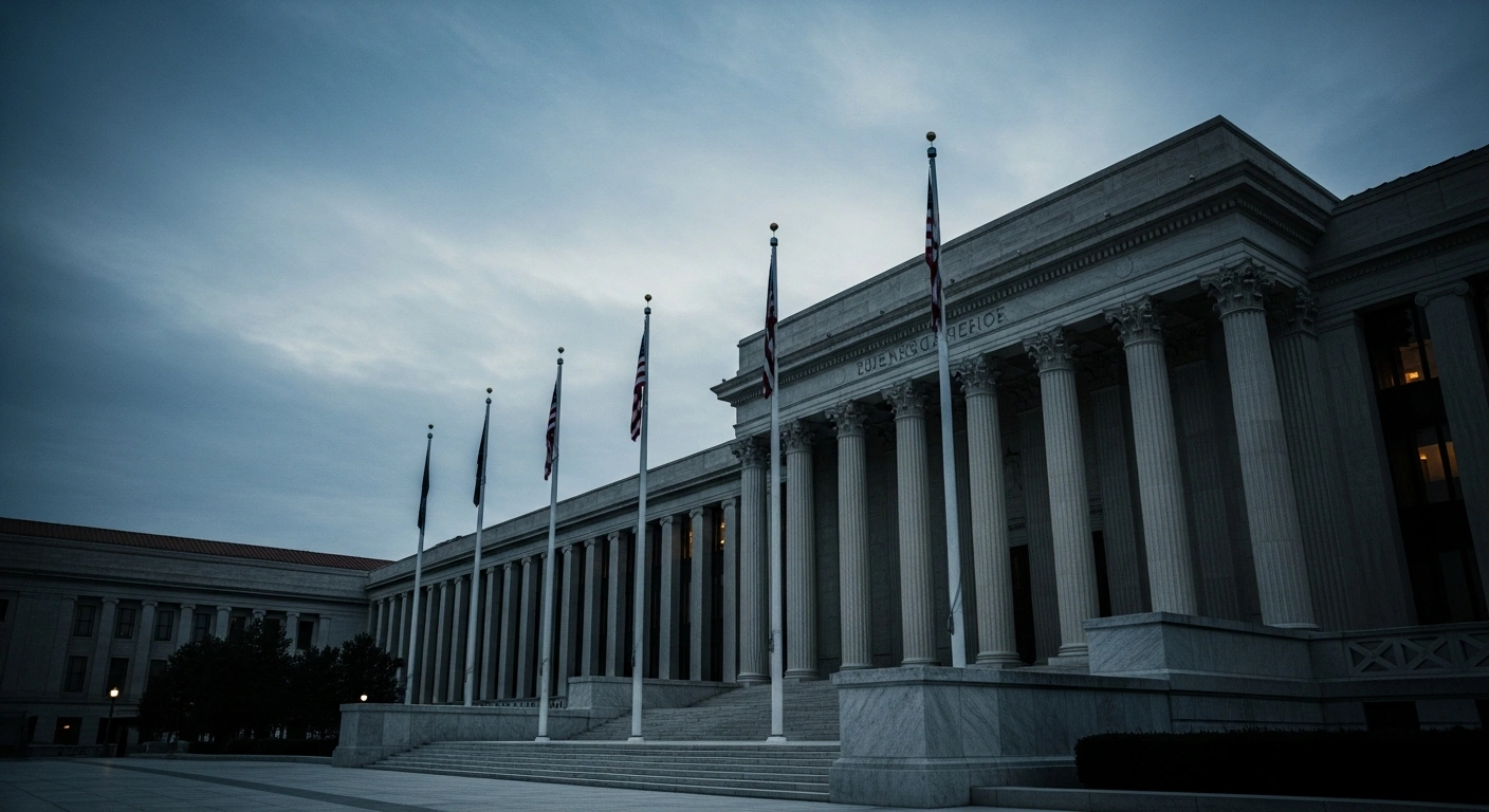 The exterior of the John F. Kennedy Center for the Performing Arts stands under a twilight sky following a federal court ruling regarding its official name.