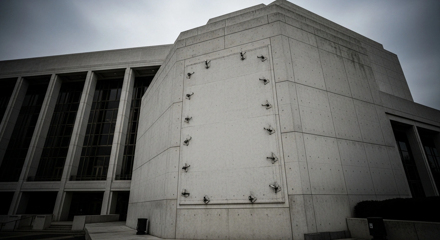 The exterior of the John F. Kennedy Center for the Performing Arts shows a blank space on the wall where signage was removed following a federal court ruling.